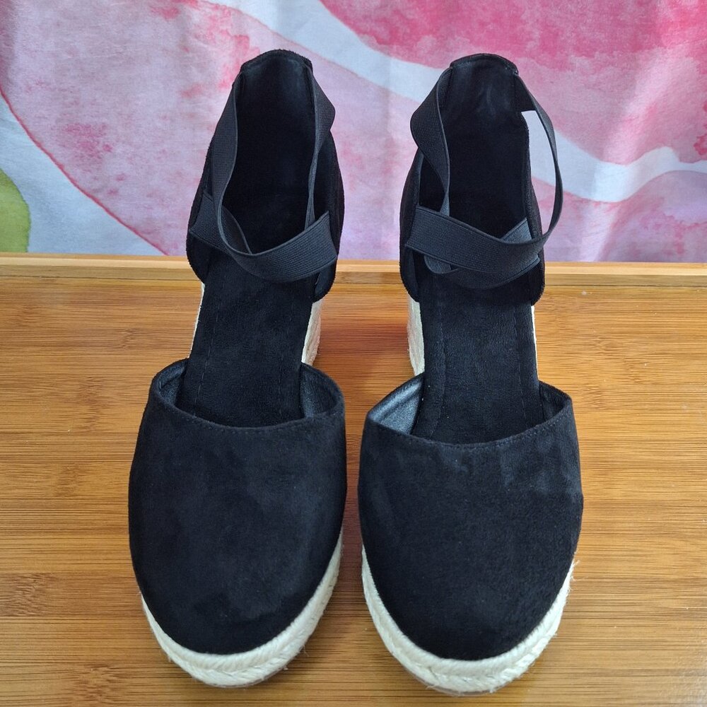 Faux Suede Black Natural Wedge Closed Toe Espadrilles Ankle Straps Size 39 EU - Picture 3 of 15